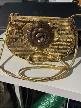 Sharif Gold Sequined Crossbody with Bronze Floral Accent gold clutch Y2K club